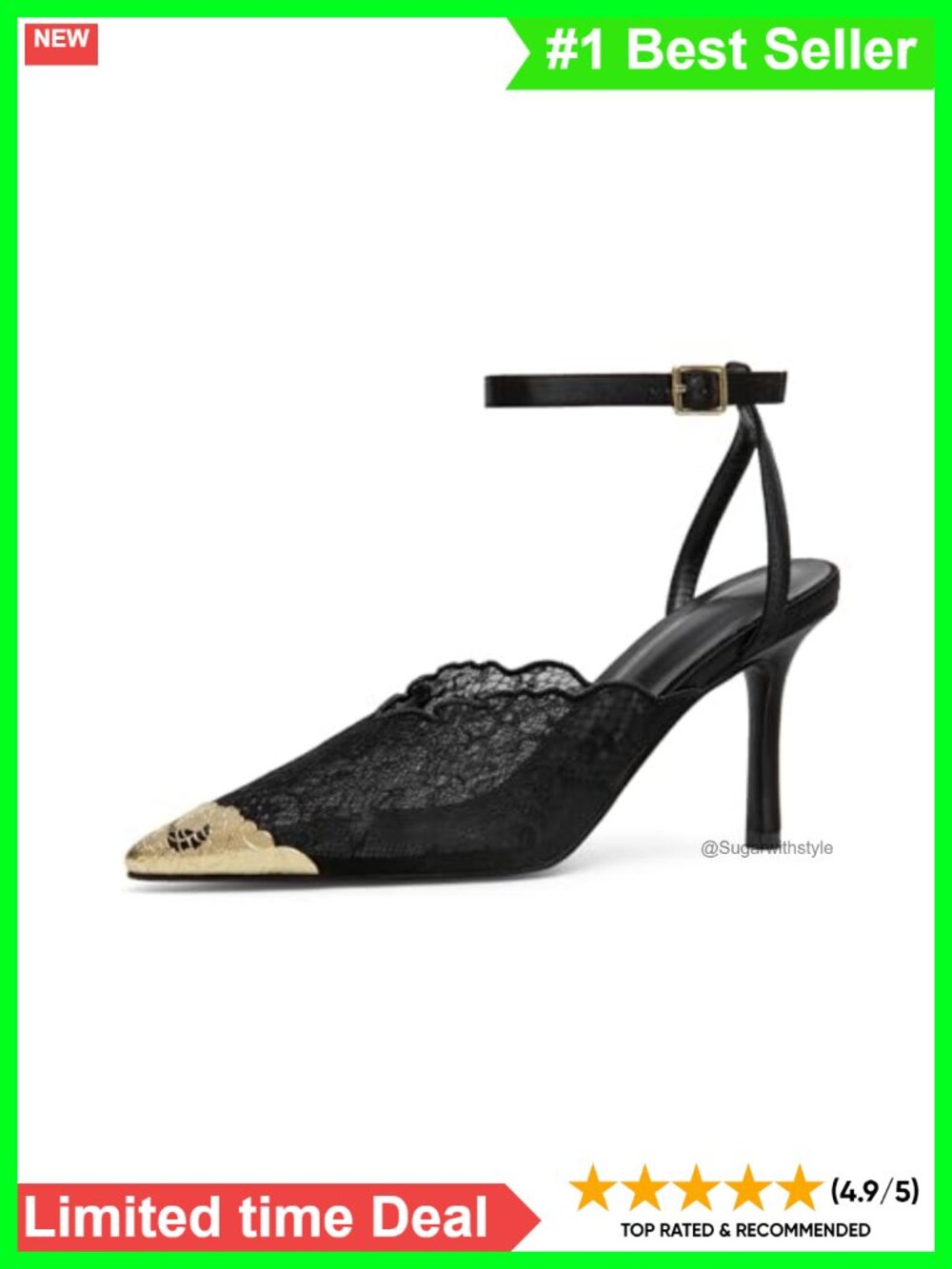 Lace Stiletto Pumps Gold Cap Toe Ankle Strap Wedding Heels